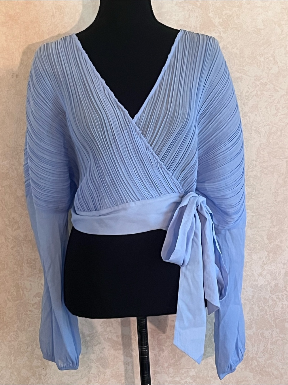 H&M Light Blue Pleated Wrap Blouse with Waist Tie